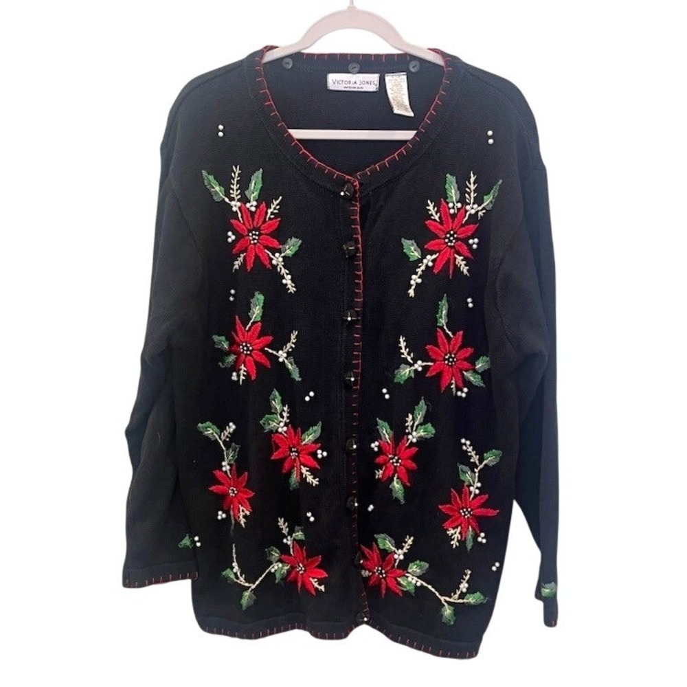 Vintage 90s Victoria Jones Poinsettia Christmas Cardigan Sweater Knit Beaded 1X
